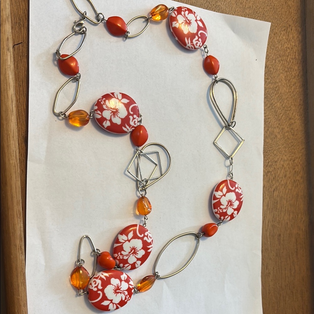 Floral white and Orange Necklace 36” long
